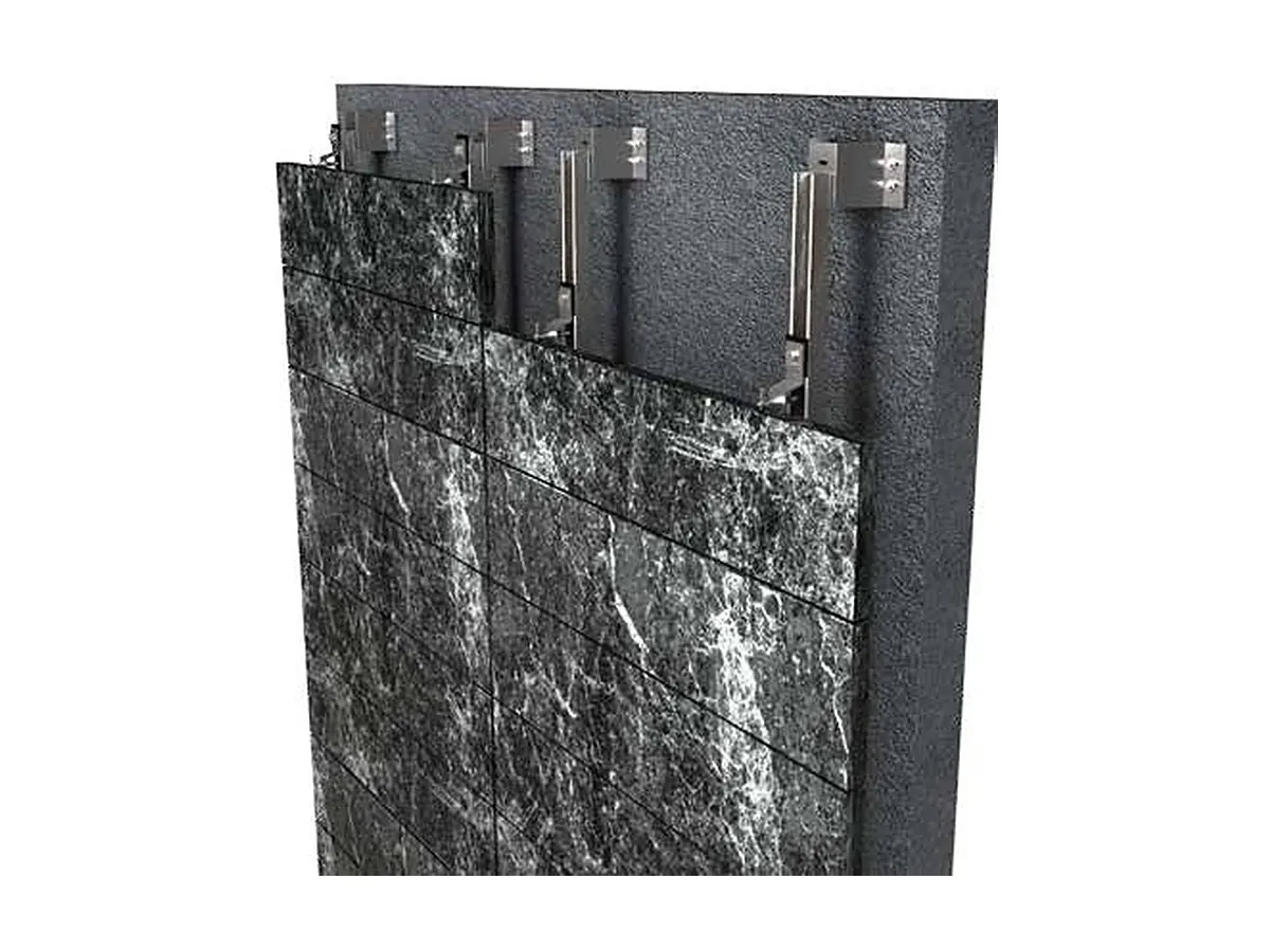 Steel back support system behind stone panels