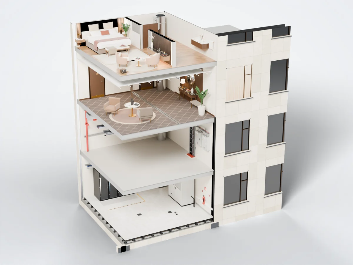 Section model of a building: a server room on a raised access floor, a services floor with cable management and distribution boards, a lounge with a metal ceiling grid and floor movement joint, a bedroom floor and the stone façade